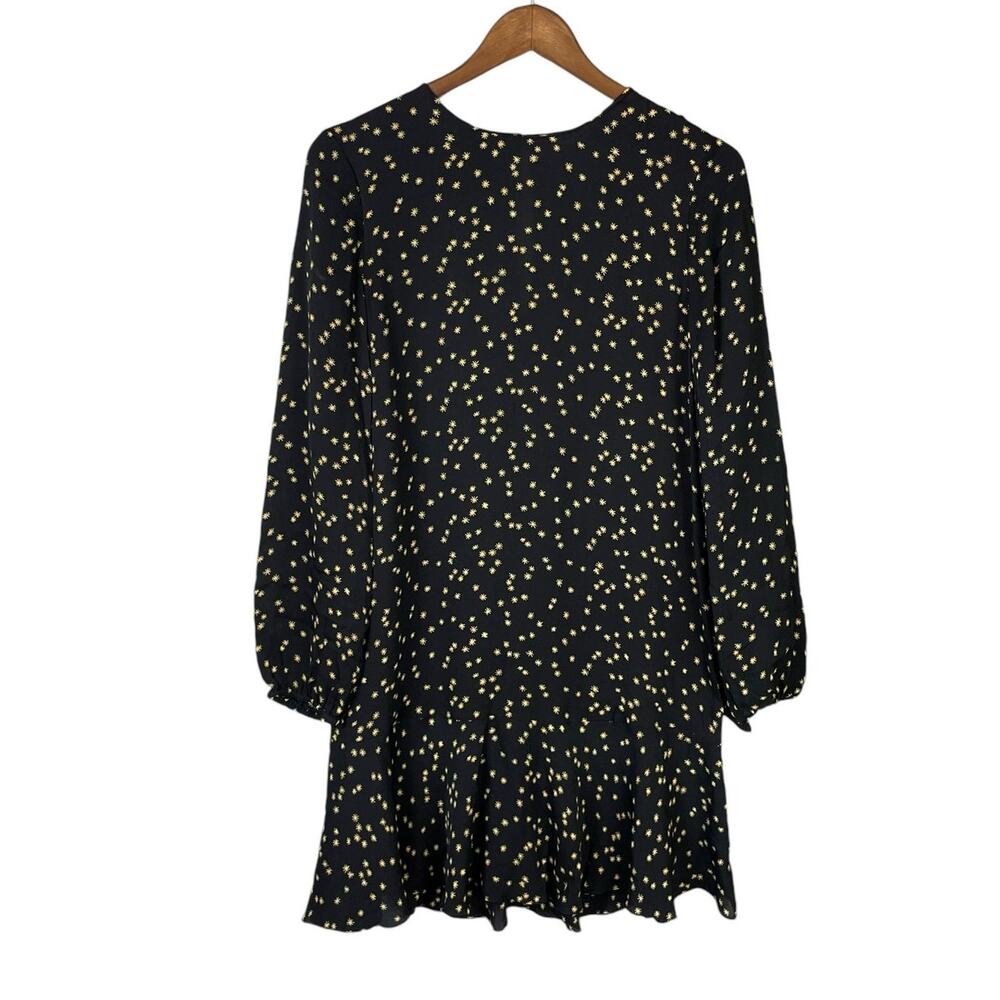 Theory Black & Yellow Star Print Silk Long Sleeve Flare Mini Dress - Picture 11 of 14
